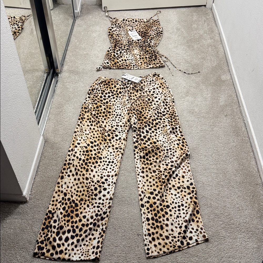 Zara Leopard Print Wide Leg Pants & Top Set